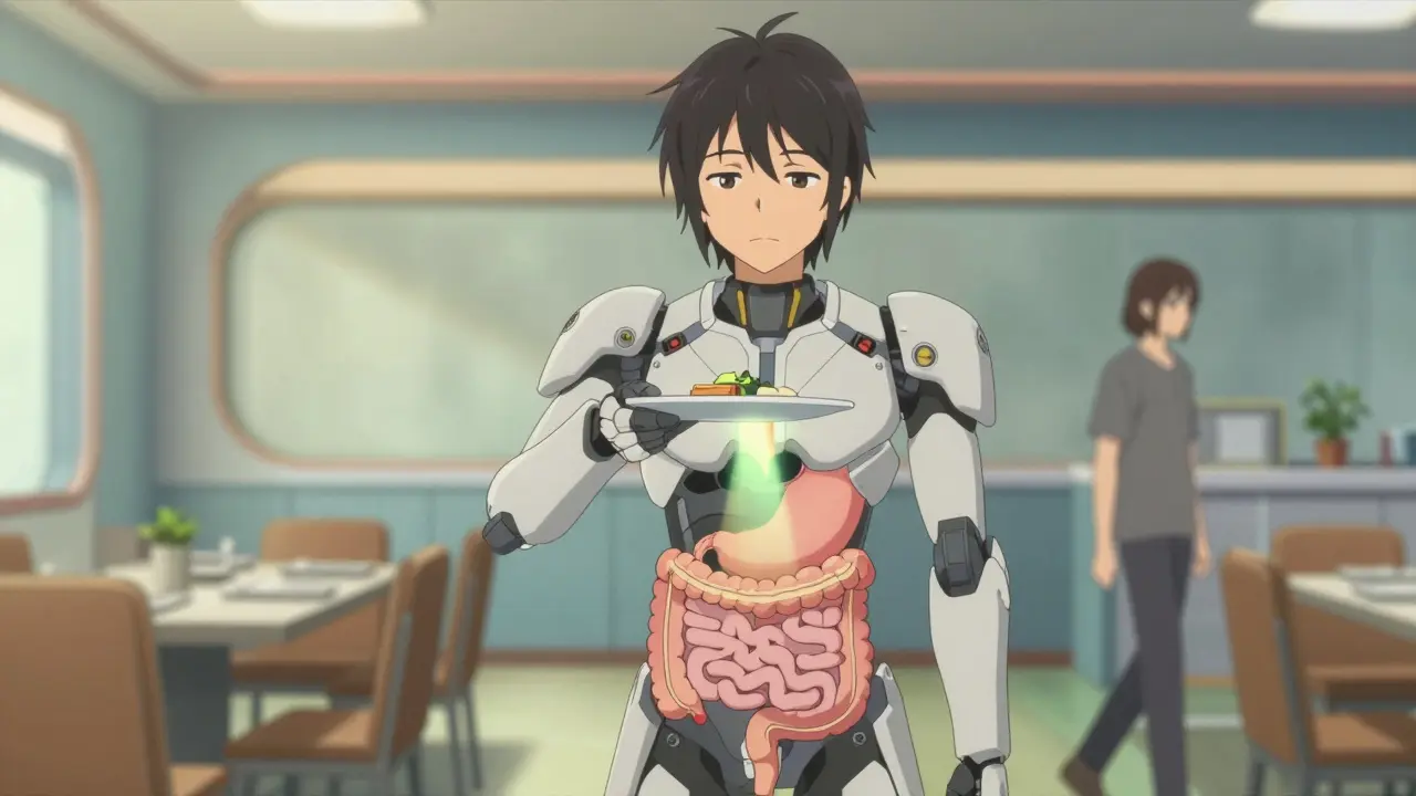 Anime character managing small meals with gravity assistance