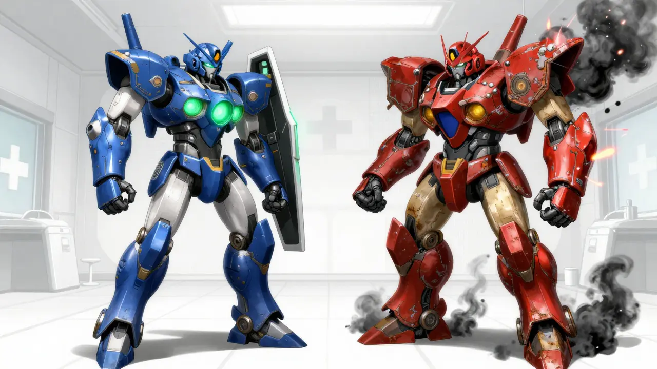 Blue healing robot vs red harmful robot representing placebo and nocebo