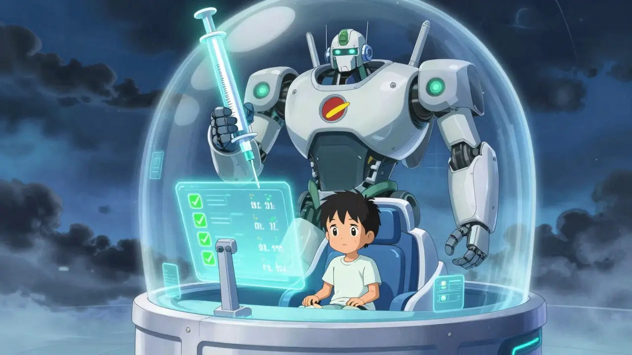 Child in cockpit of safety robot holding a glowing syringe against dark clouds