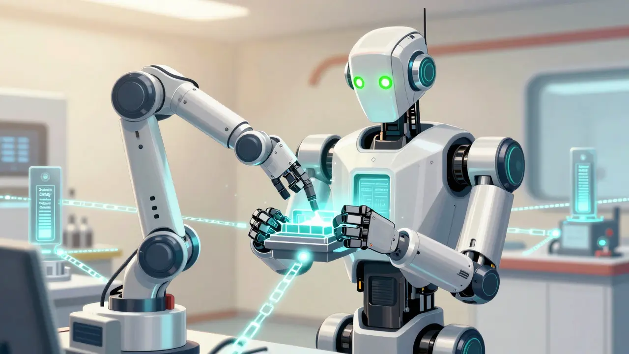 Futuristic robot being upgraded with new modules and blockchain connections