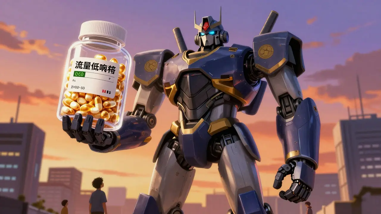 Giant guardian robot holding affordable generic pills
