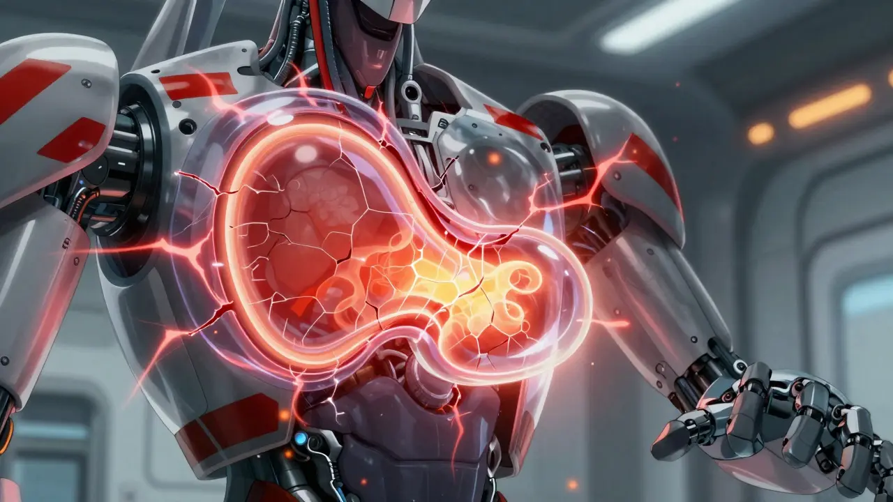 Glowing fragile spleen organ in glass armor with red hazard warnings