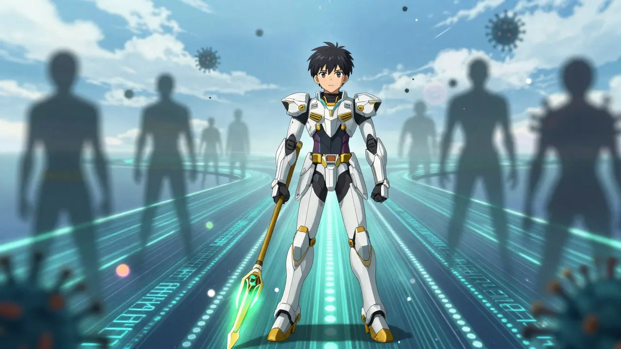 Hero in repaired armor starting a long path of recovery and rest