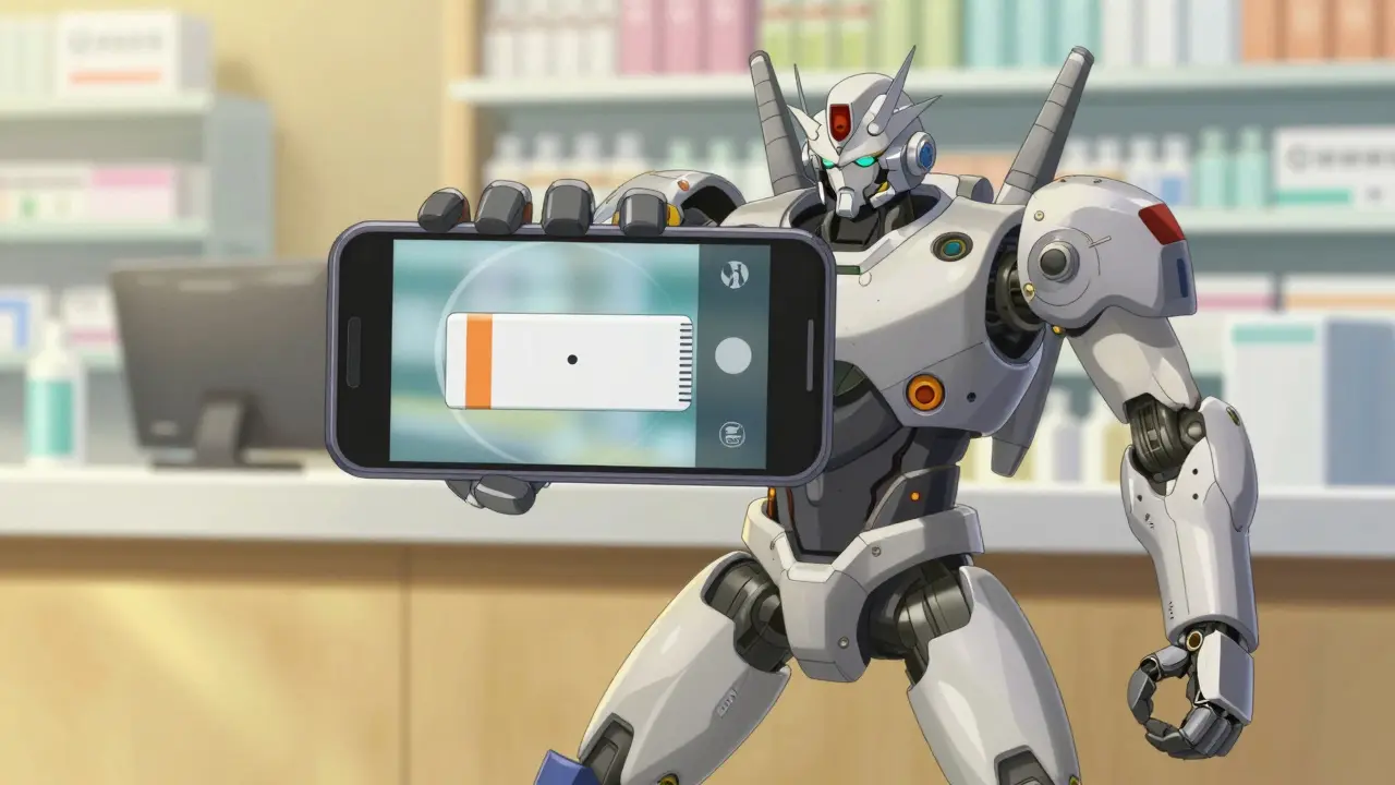 Heroic mech using a phone to zoom in on a medication label detail