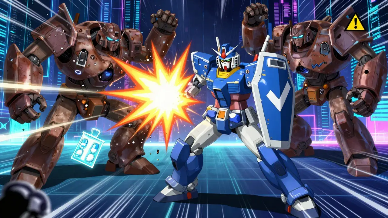 Heroic mecha fighting scam bots to protect safe medication