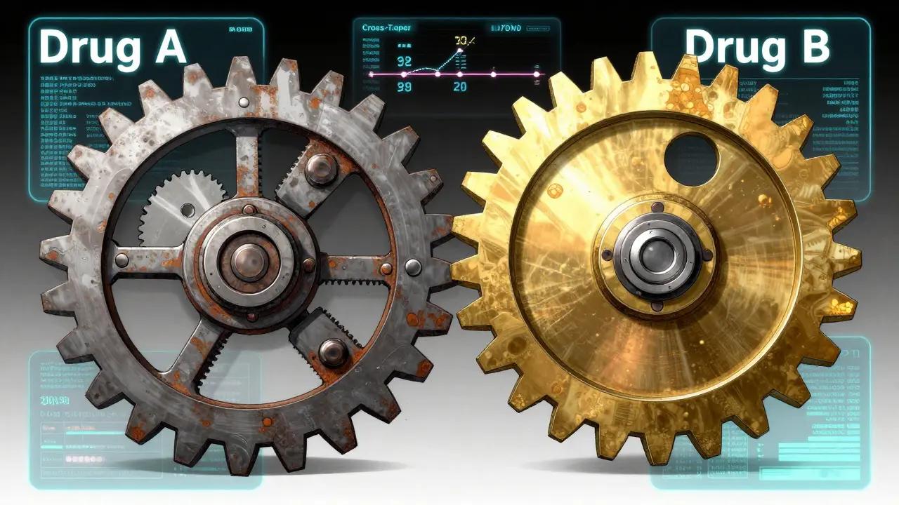 Mechanical gears swapping places, illustrating the cross-taper medication strategy.
