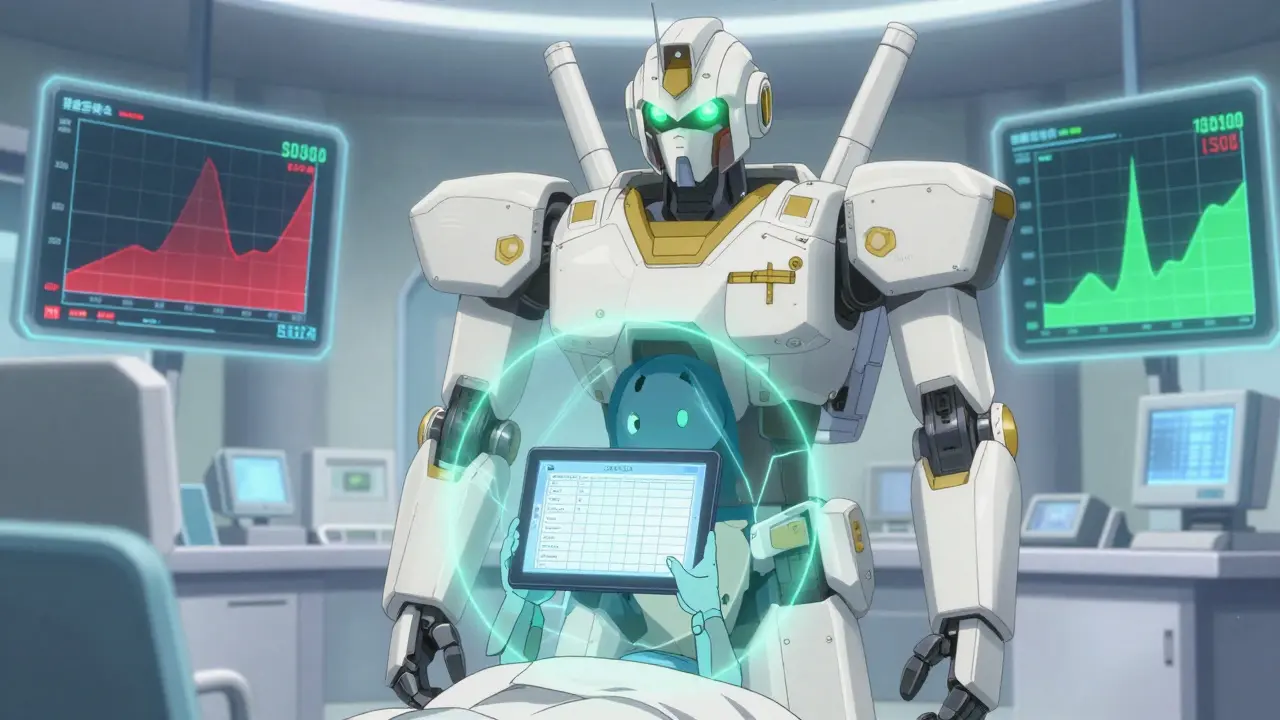 Protective medical robot shielding a patient with data monitors in the background.