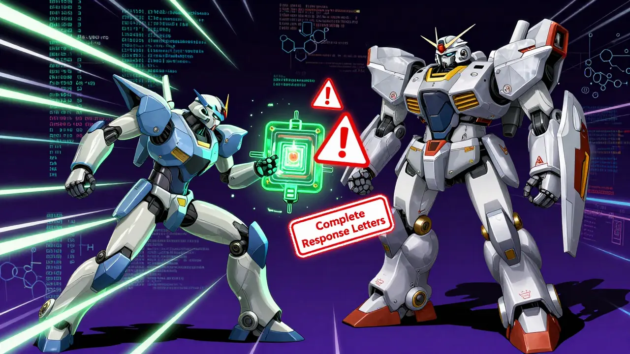 Two robots battling with red rejection icons in a digital chemical space