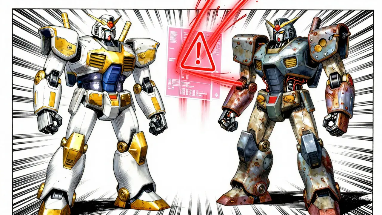 Two robots representing brand and generic drugs facing off with holographic warnings