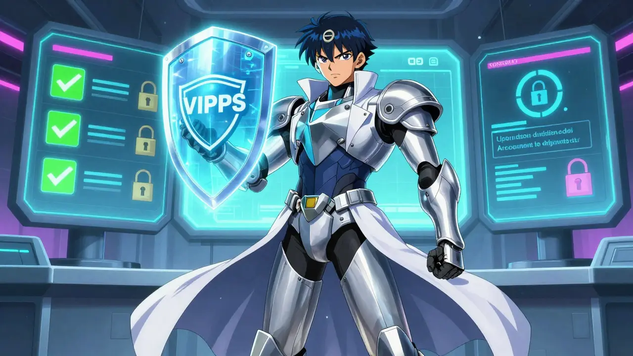 Armored pharmacist character protecting verified pharmacy data with holographic shield