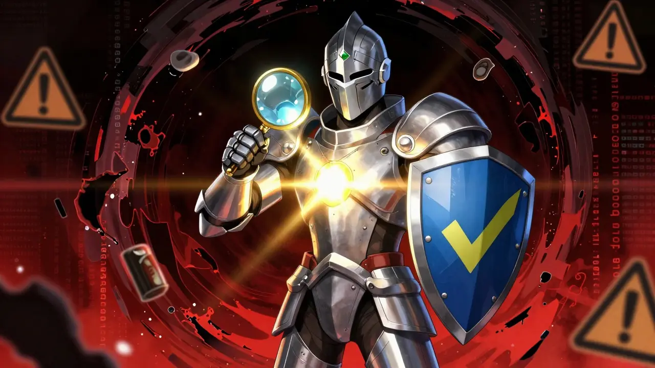 Armored robot knight protecting against digital scams and fake medicine sites.