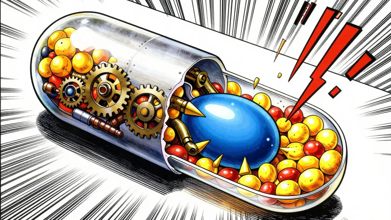 Cross-section of a pill mech showing internal fillers, binders, and active ingredient core