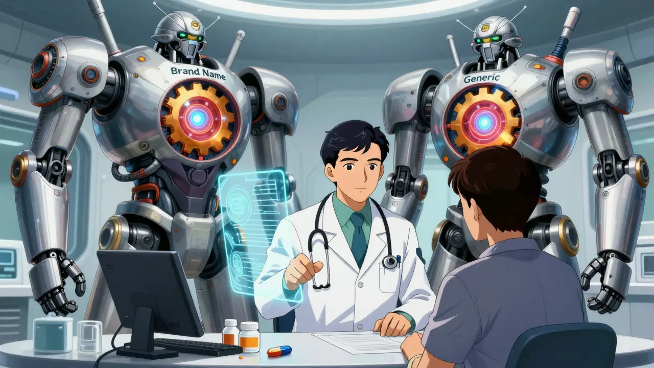 Doctor explaining drug equivalence using holograms of identical robot cores