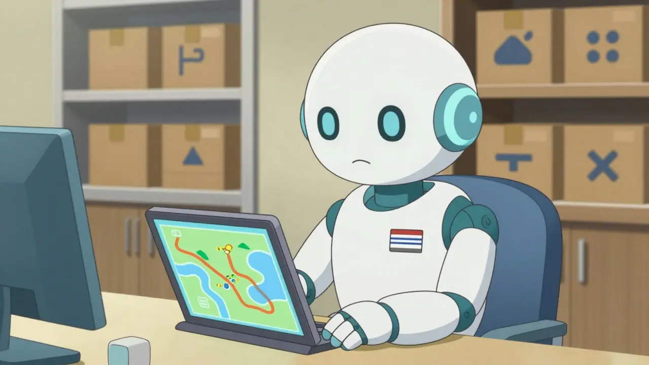 Friendly medical robot reviewing delivery maps in a cozy command center.