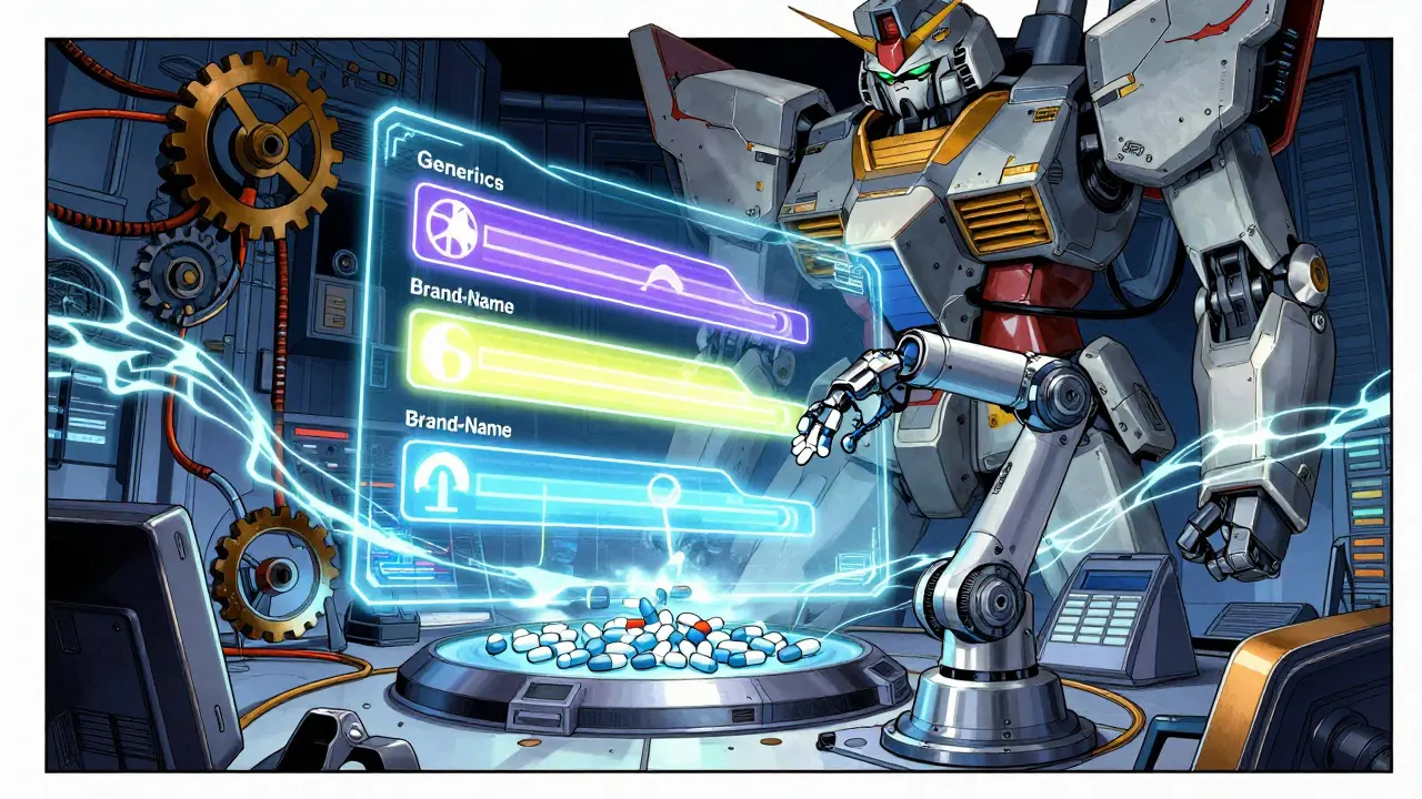 Futuristic control room sorting drug tiers by cost
