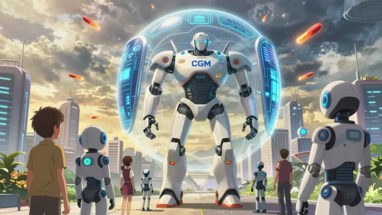 Futuristic guardian robot protecting users with CGM tech in an anime city.