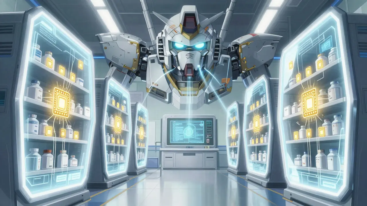 Futuristic hospital room with glowing RFID shields and scanning super robot head