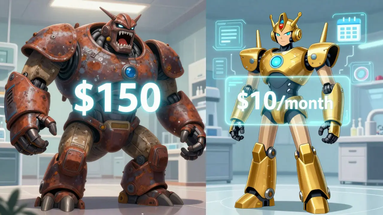 Golden robot defeating a giant cost monster with savings data