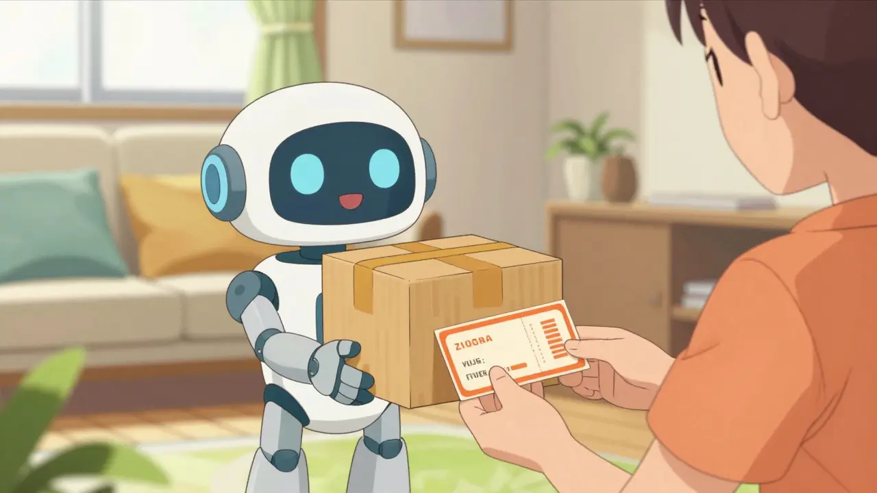 Helper robot showing affordable medication options to a person in a sunny room