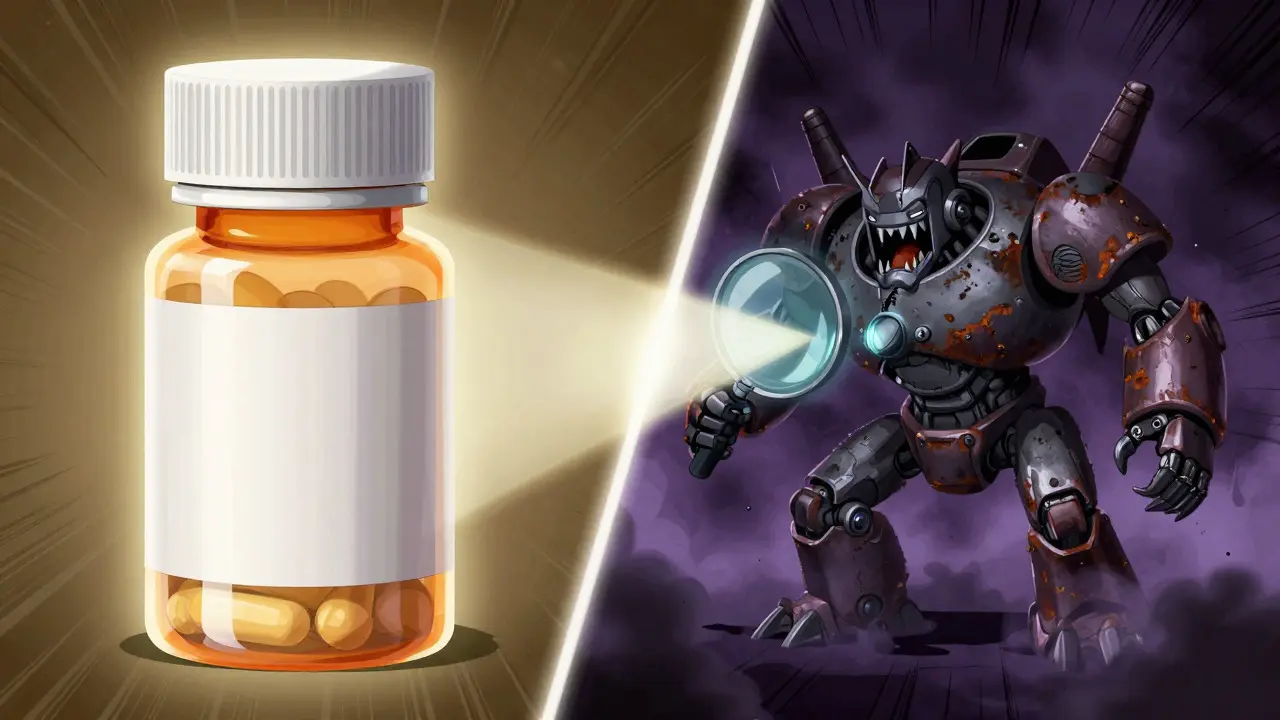 Heroic generic pill bottle facing off against shadowy counterfeit drug monster