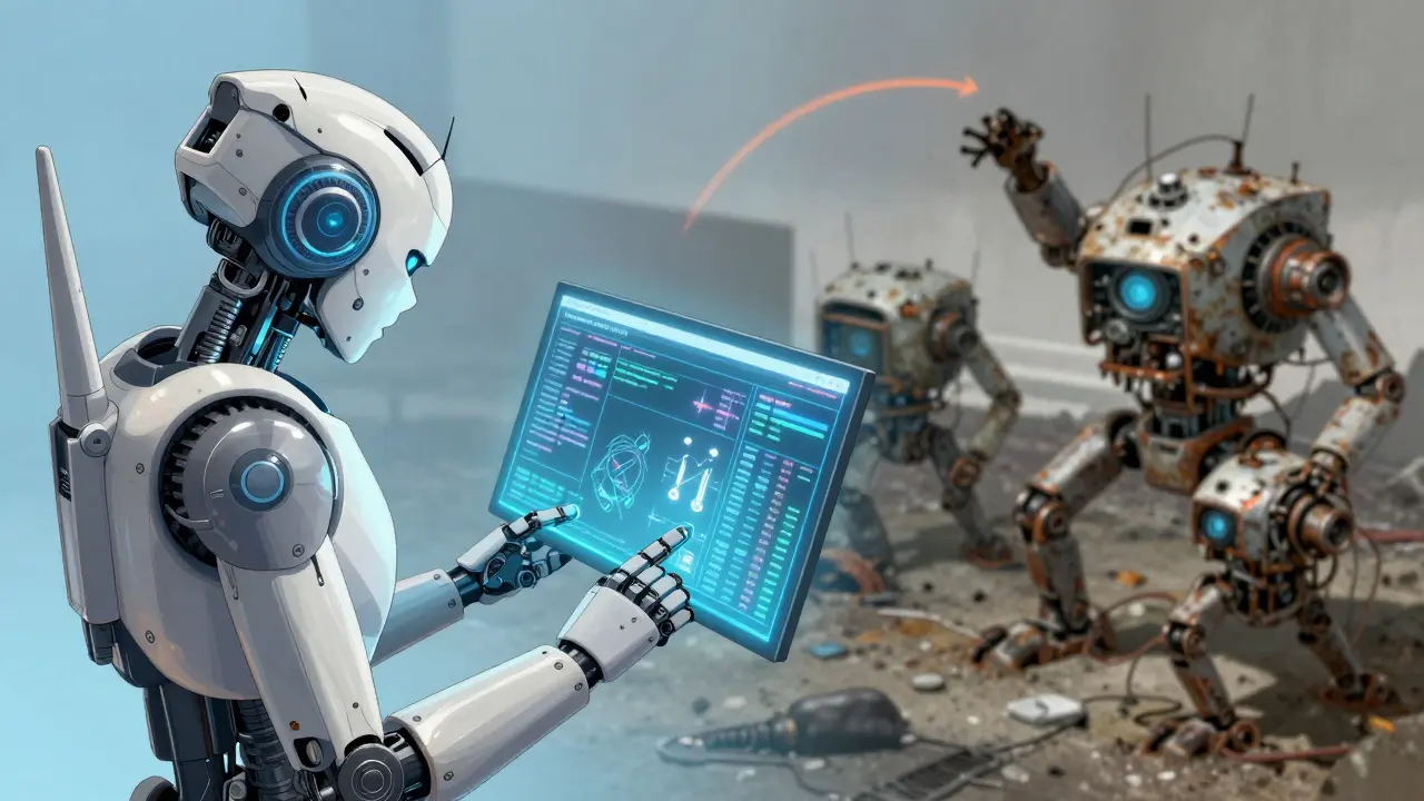 High-tech robot vs broken machines, illustrating the global drug safety reporting equity gap