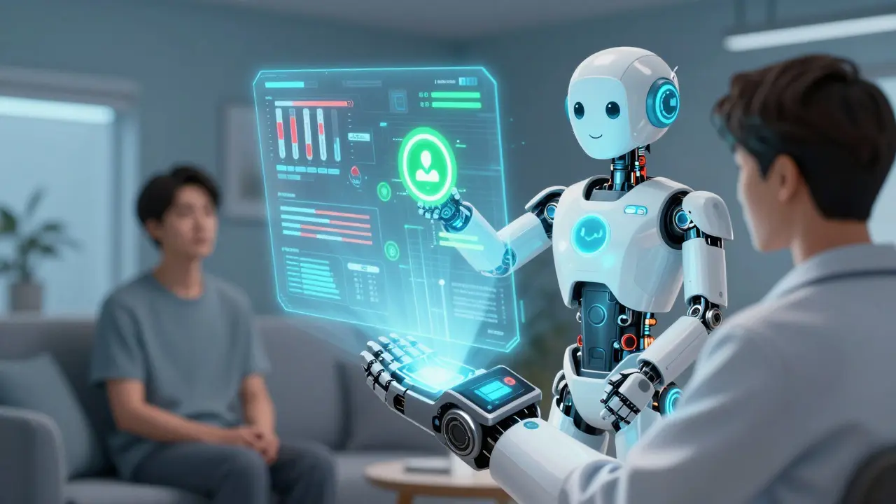 Holographic telehealth robot assisting a patient with digital health data