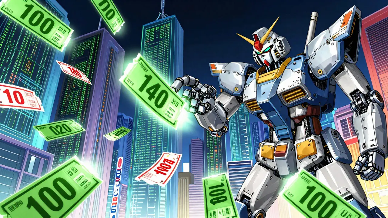 Mecha arm selecting a discount coupon amidst falling price tags in manga art.