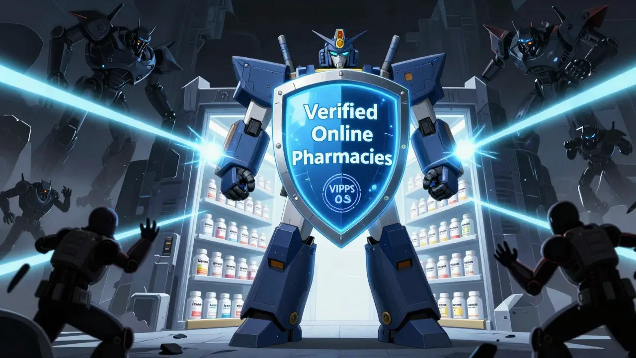 Mecha fortress protecting verified pharmacies from shadowy scam bots