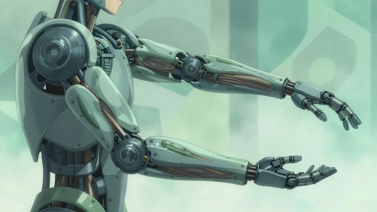Mechanical arm stretching gently in anime style, representing flexibility and muscle relaxation.