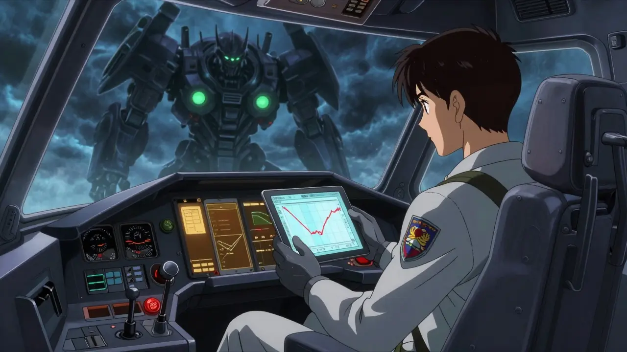 Pilot adjusting controls in mech cockpit during steroid taper to avoid lows