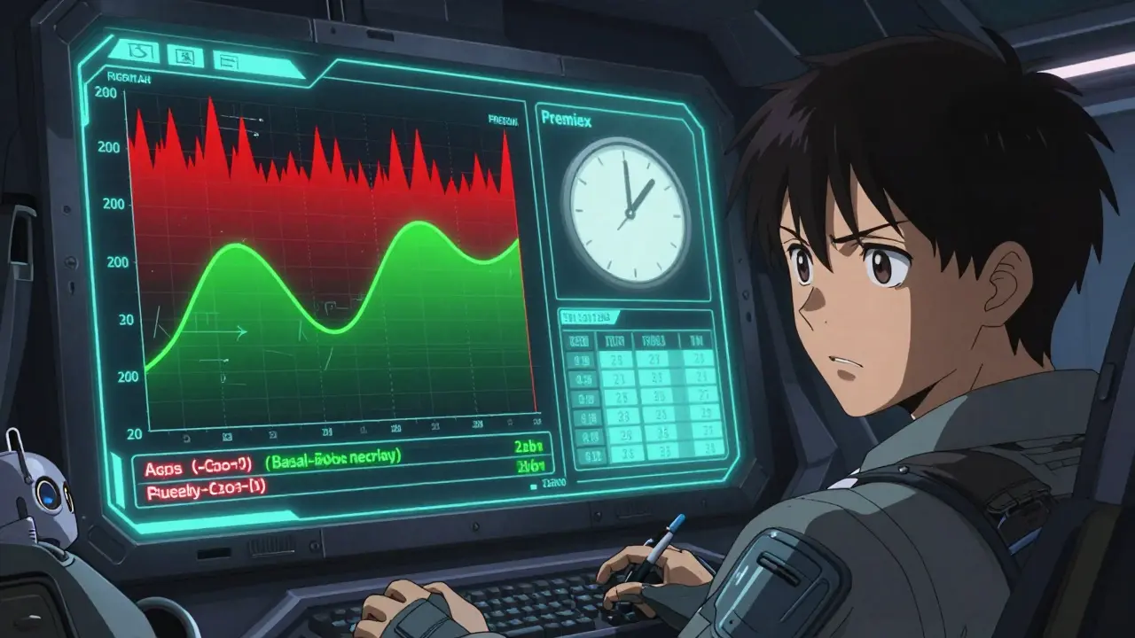 Pilot in cockpit viewing complex vs simple insulin data on holographic screens.