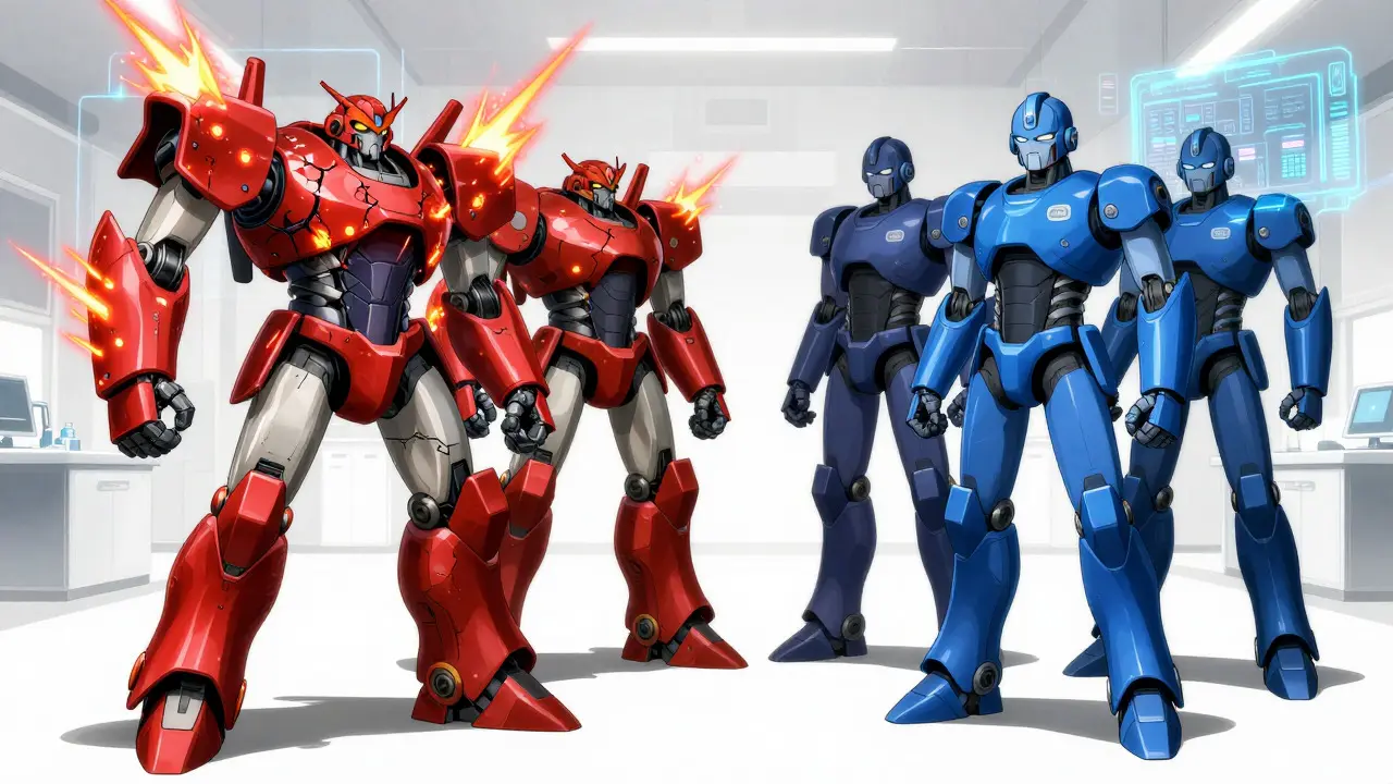 Red statin robots overheating while blue ones remain safe