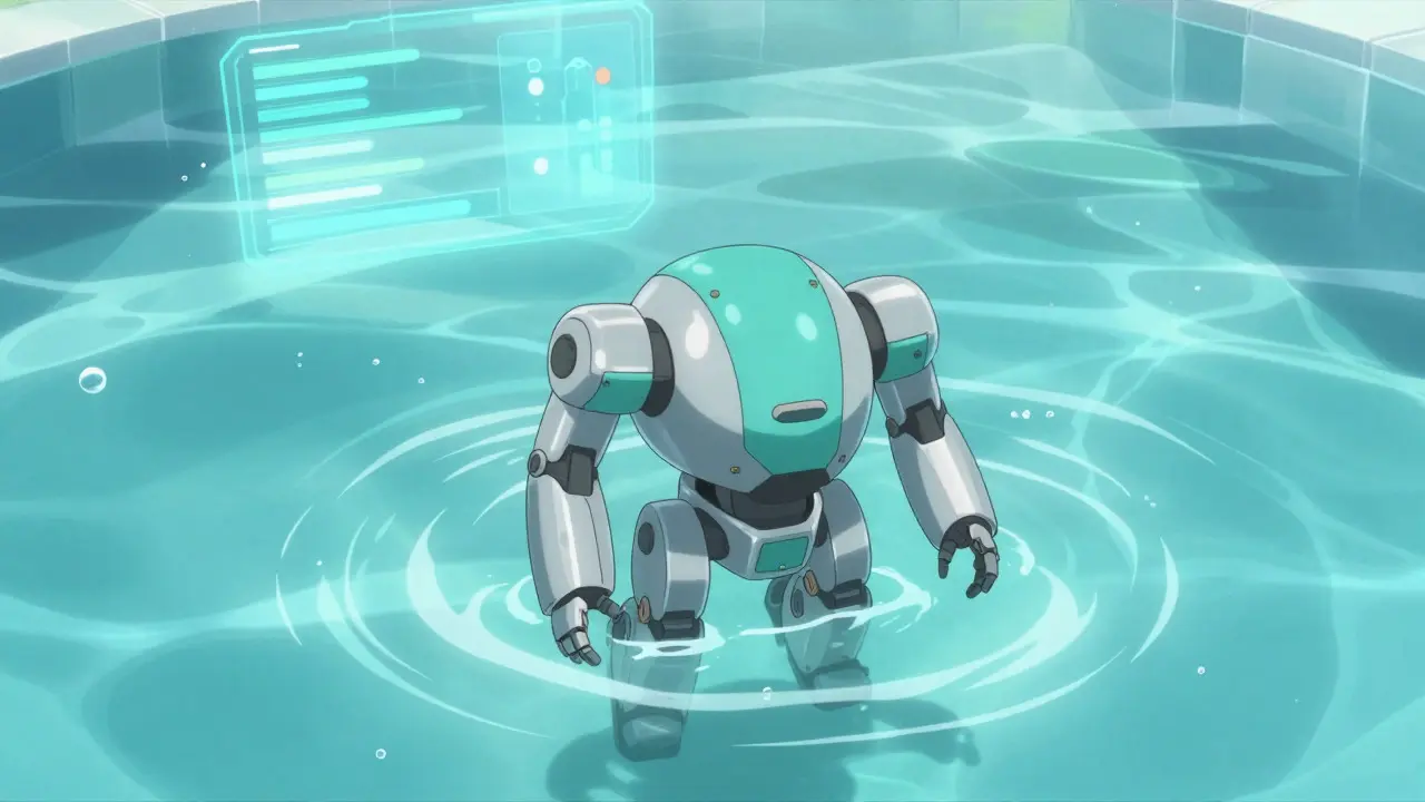 Small agile robot in water, illustrating low-impact exercise and joint-friendly physical therapy.