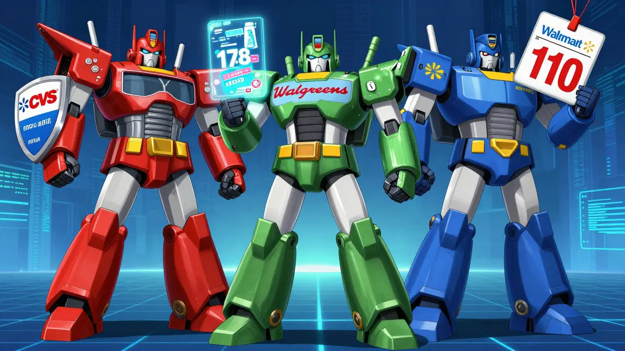 Three robotic figures representing pharmacy chains competing with price tags.