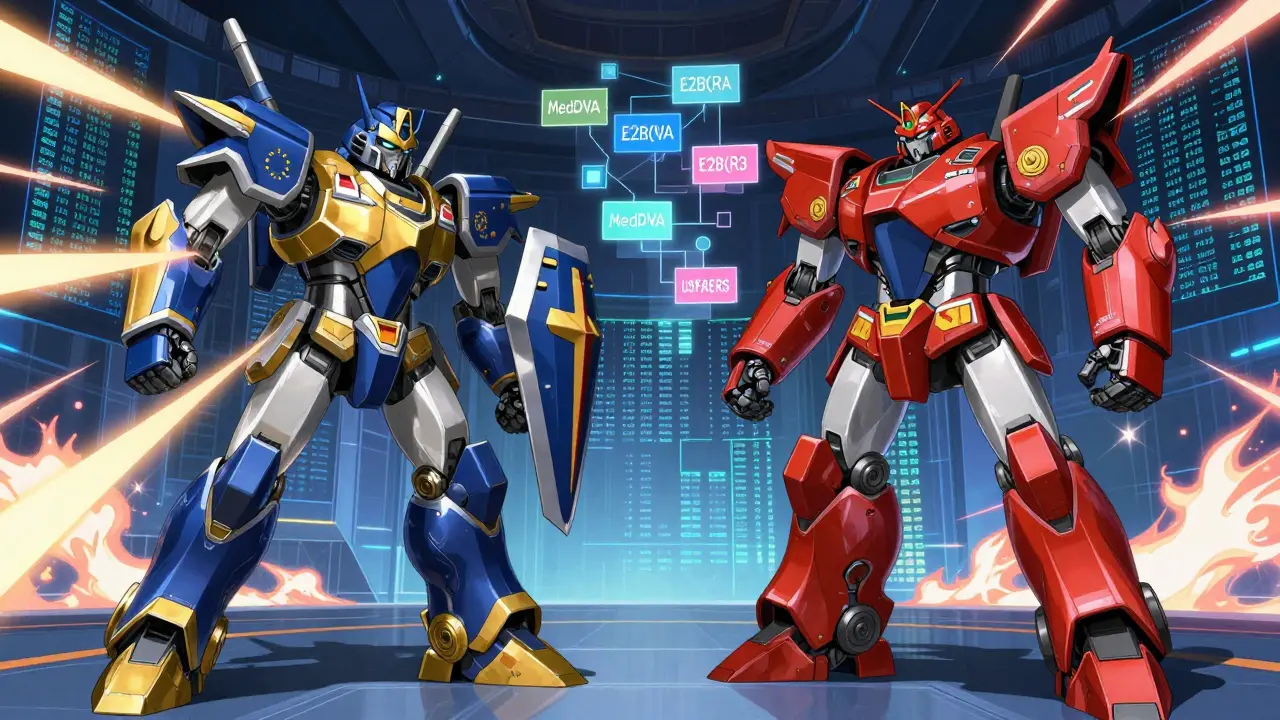 Two robotic knights facing off, symbolizing EU and US drug monitoring system differences