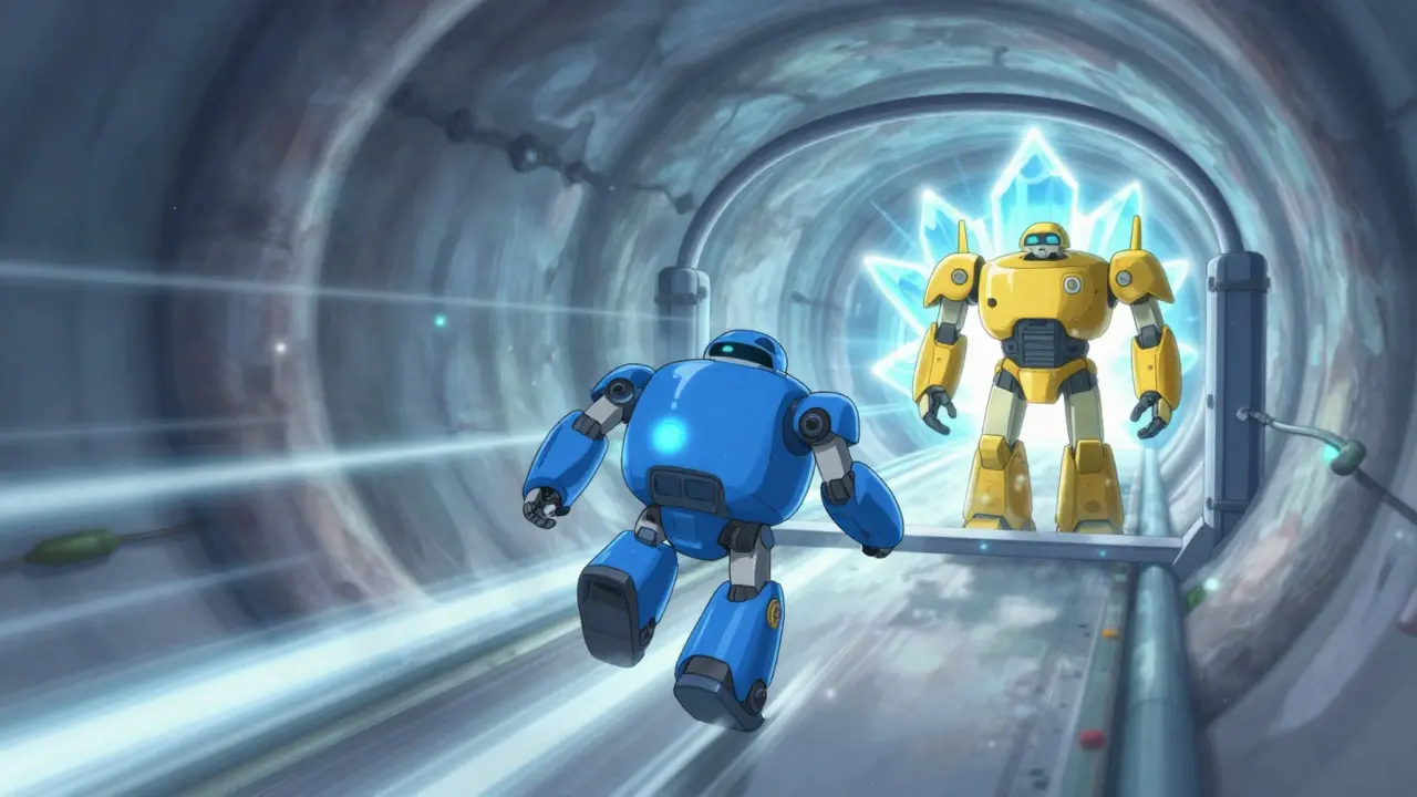 A blue robot speeding through a tunnel towards a glowing crystal bone structure.