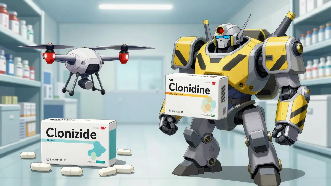 Anime mechs comparing cheap tablets vs expensive patches in pharmacy warehouse