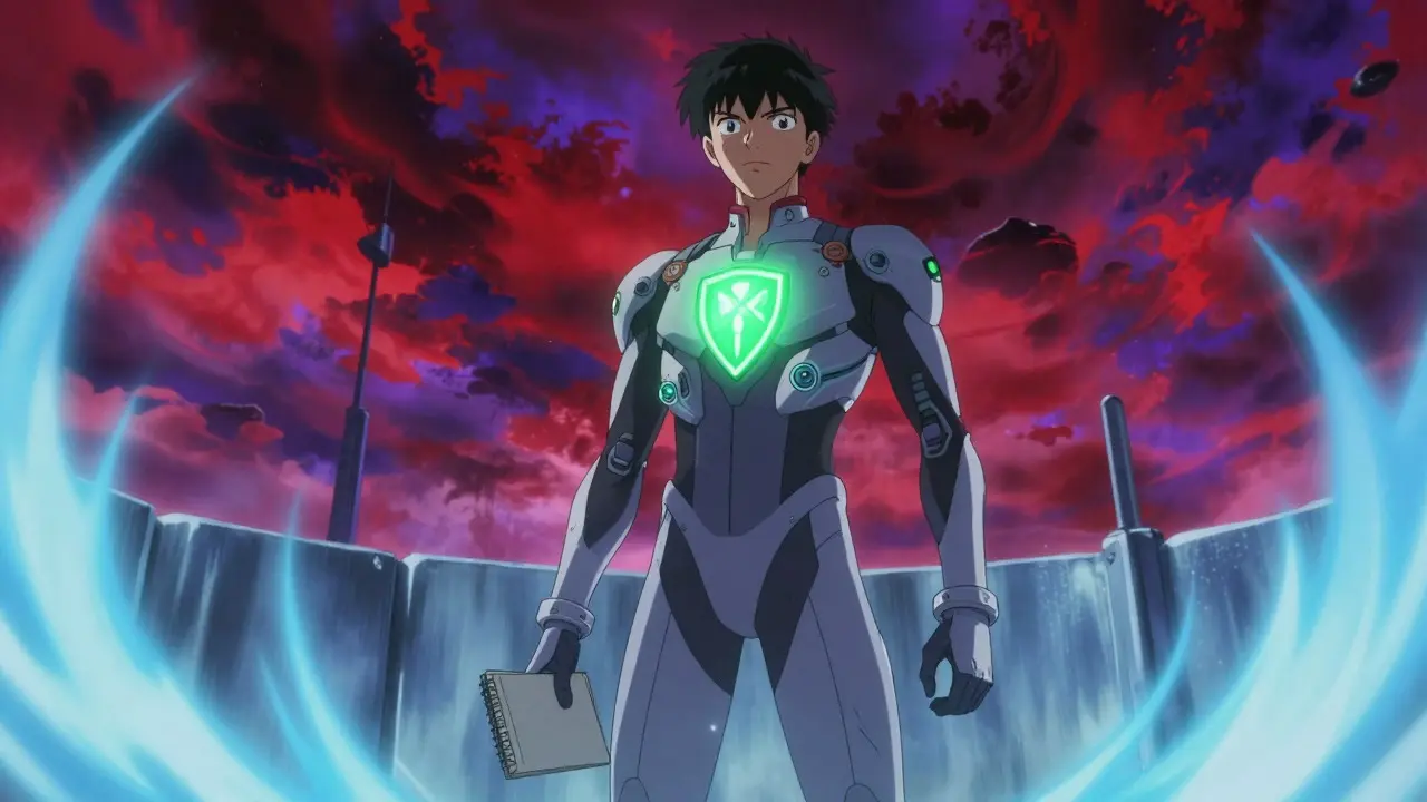 Anime style hero figure with a glowing shield protecting against chaotic energy storms in the background.
