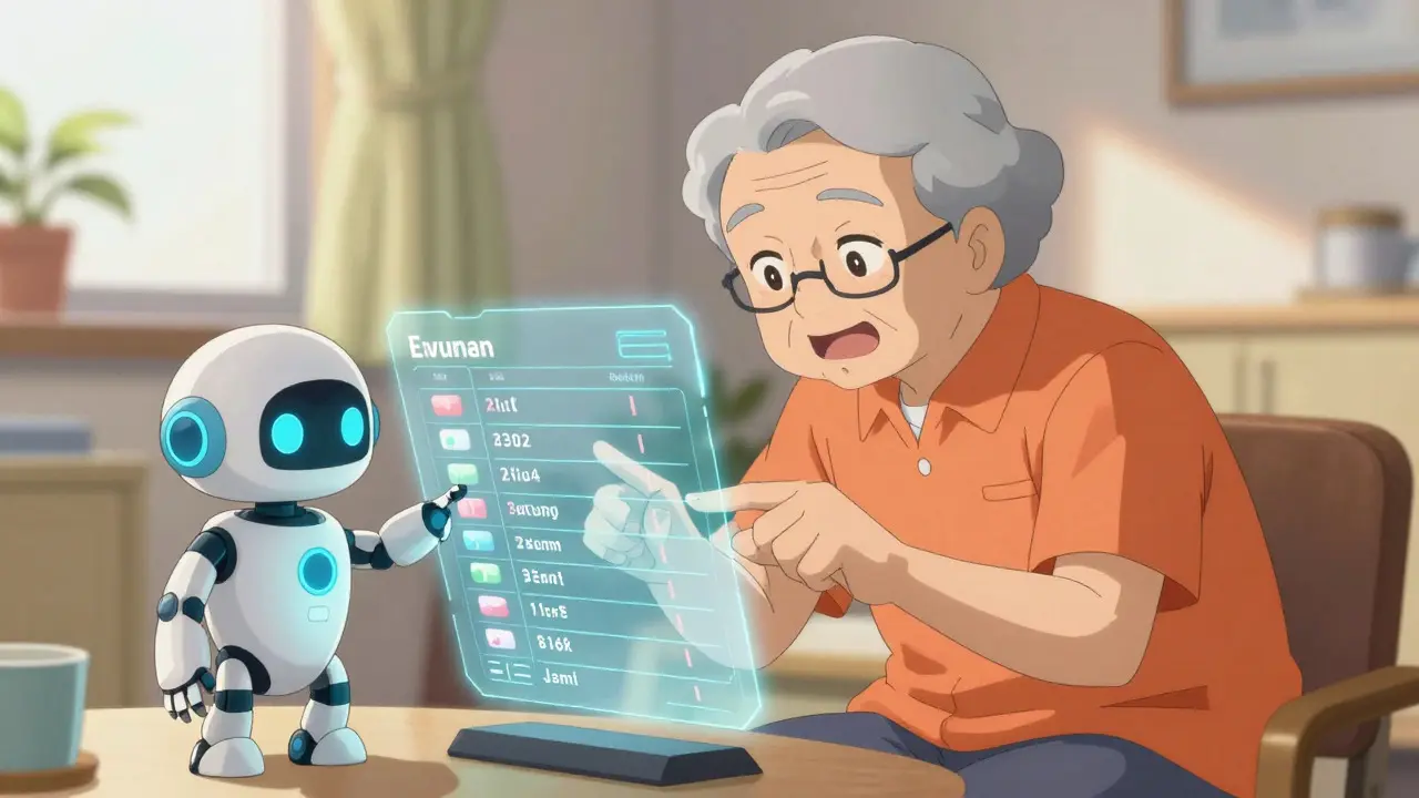 Elderly person and helper robot reviewing meds on a hologram together.