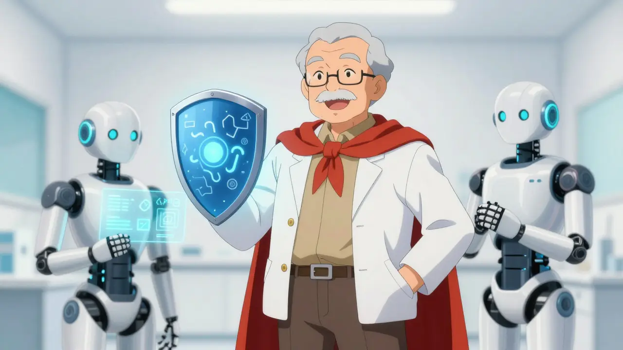 Elderly person with medical robots advocating for safe dosing
