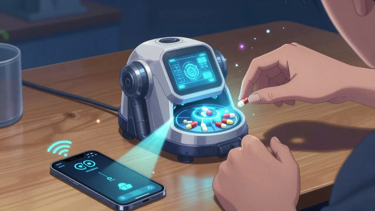 Futuristic smart pill dispenser connecting to a smartphone via light beams.