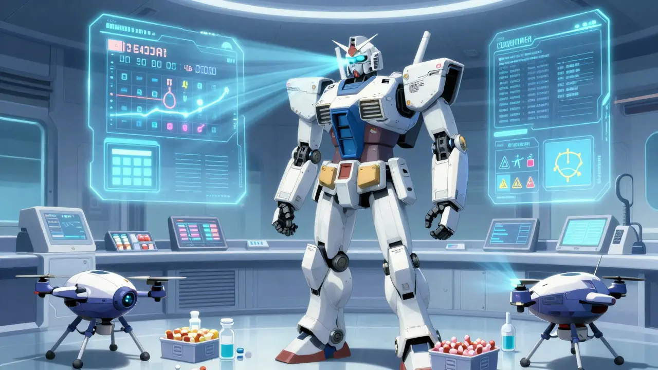 Guardian robot monitoring a calendar timer in a futuristic medical room