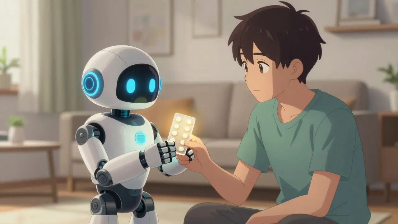 Helper robot assisting patient with verified medicine