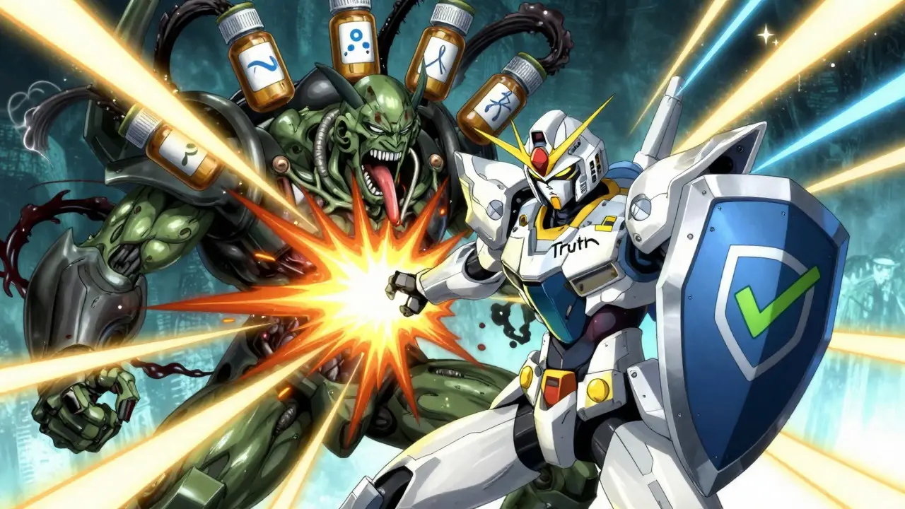 Hero robot fighting fake medicine villains in super robot style