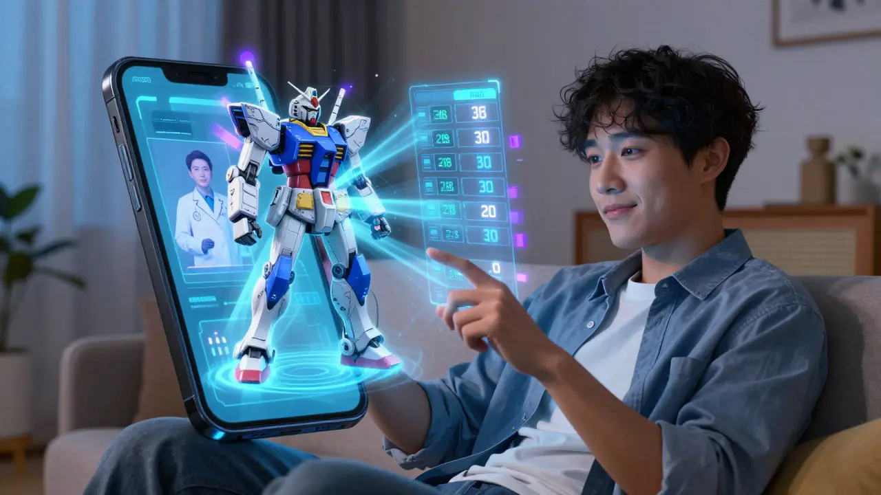 Man using a phone with holographic doctor and price data in anime style