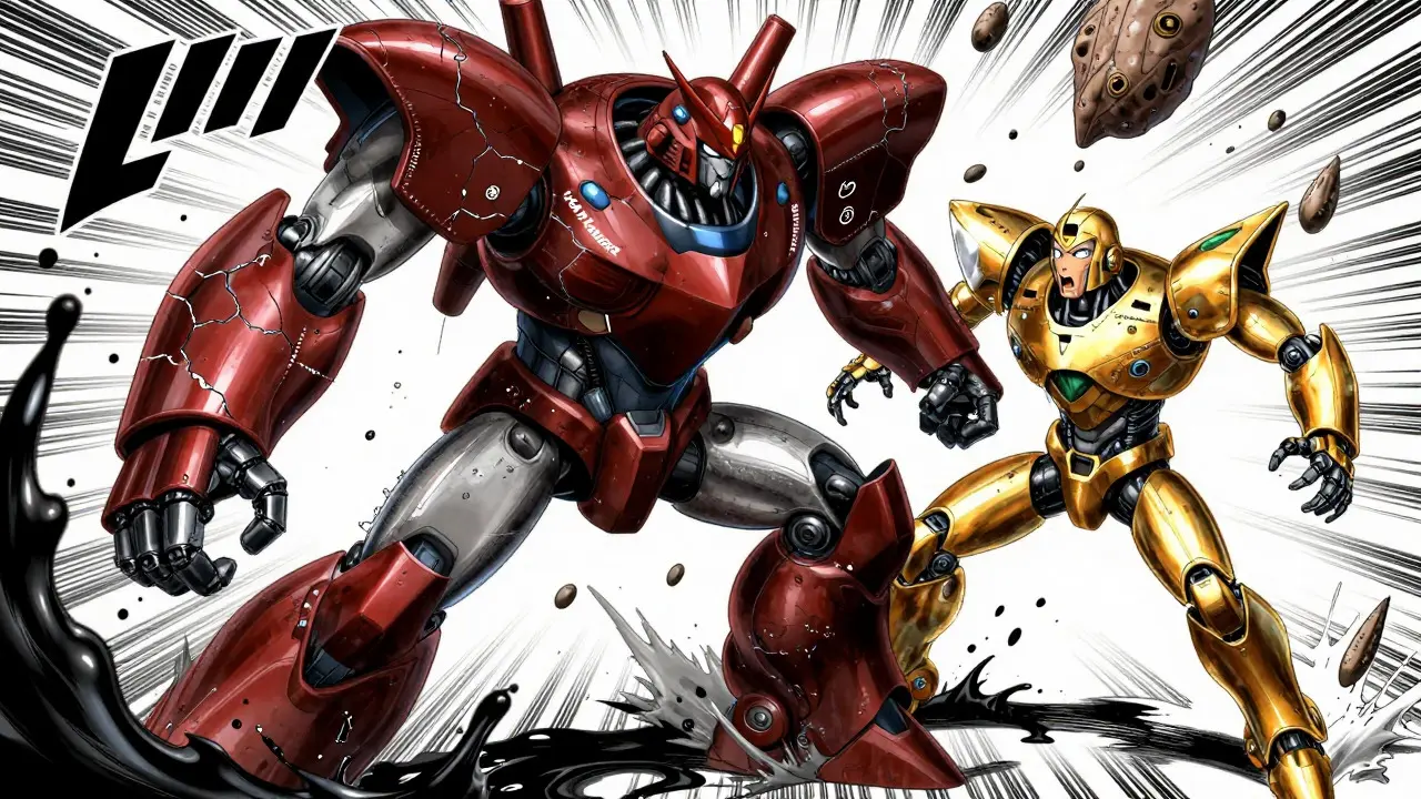 Manga style battle between Liver Failure mech and Rebalanced Hemostasis robot inside body