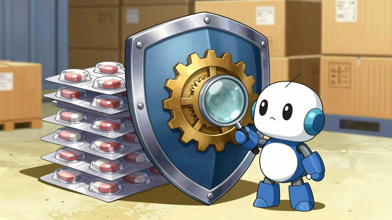 Mecha robot guarding medication packs with a protective gear shield