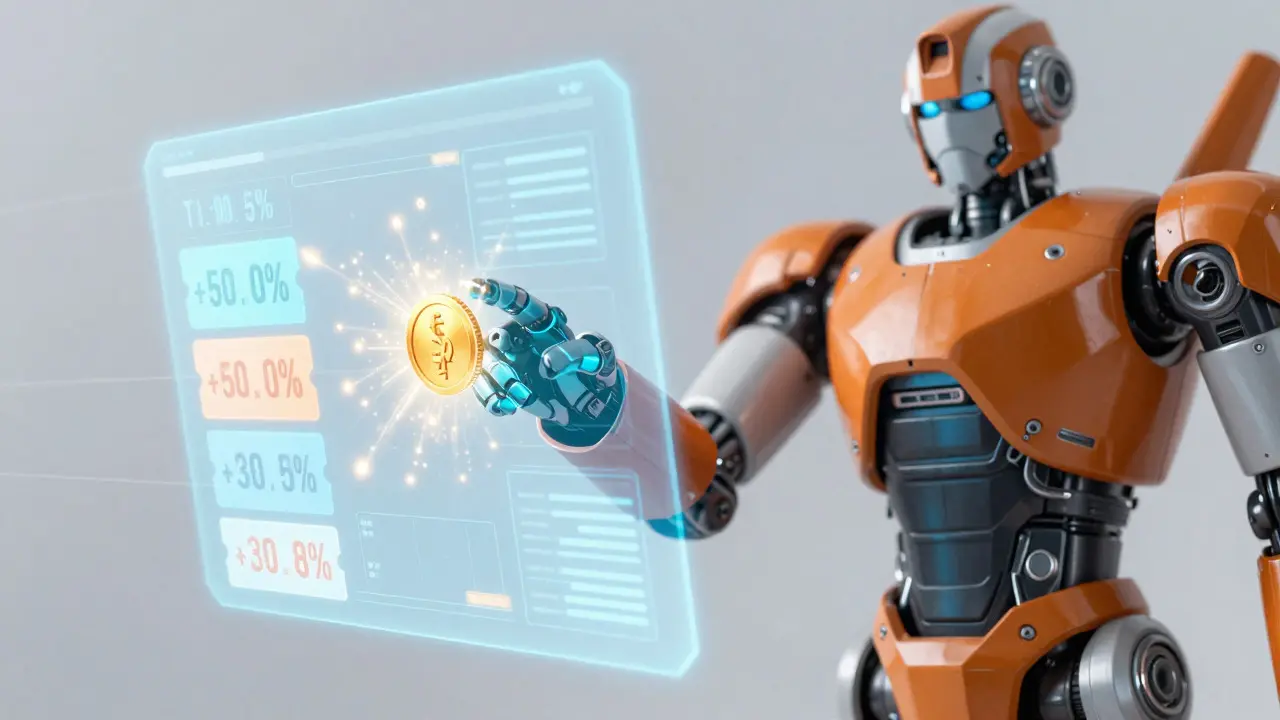 Robot analyzing holographic price comparison data for medication savings