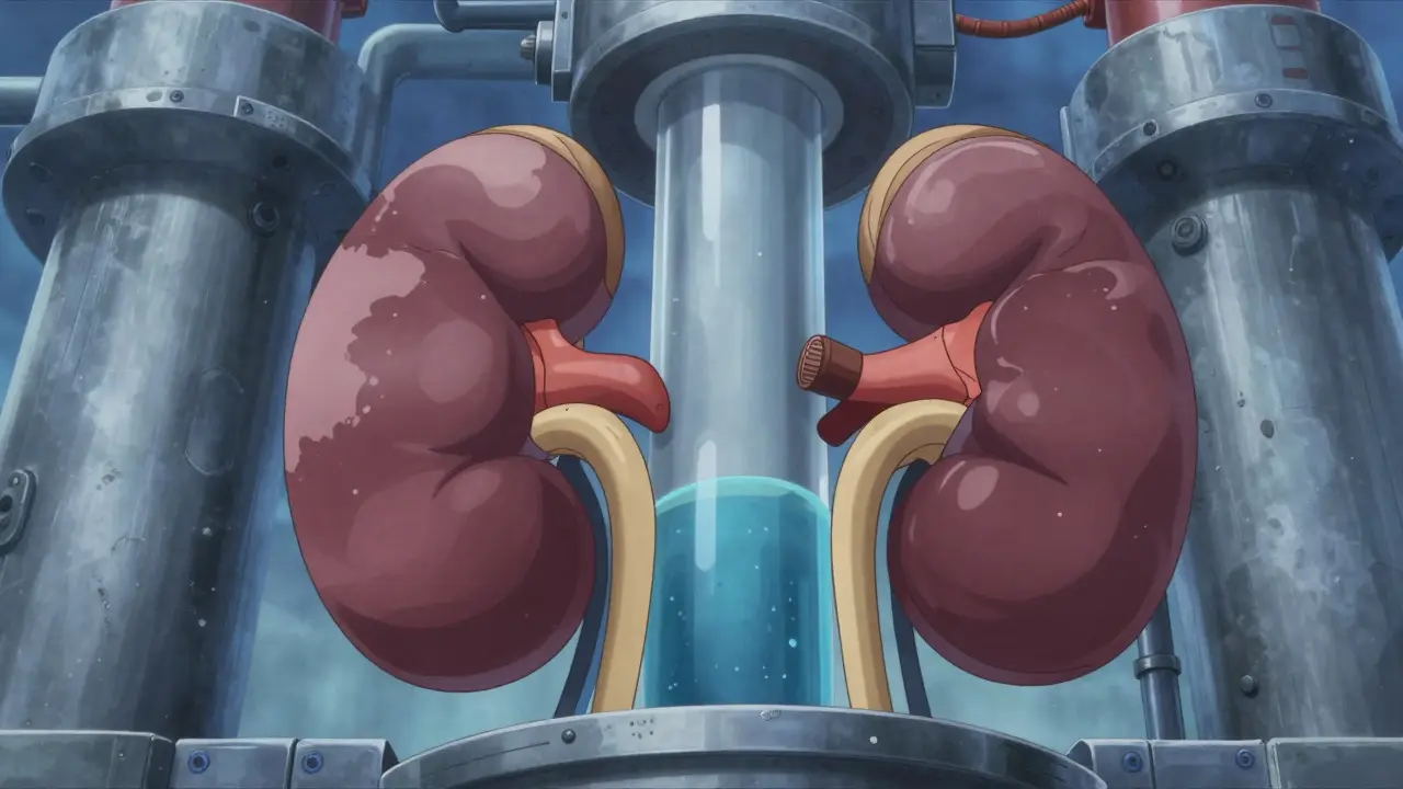 Sci-fi kidney filtration units showing reduced efficiency in anime style