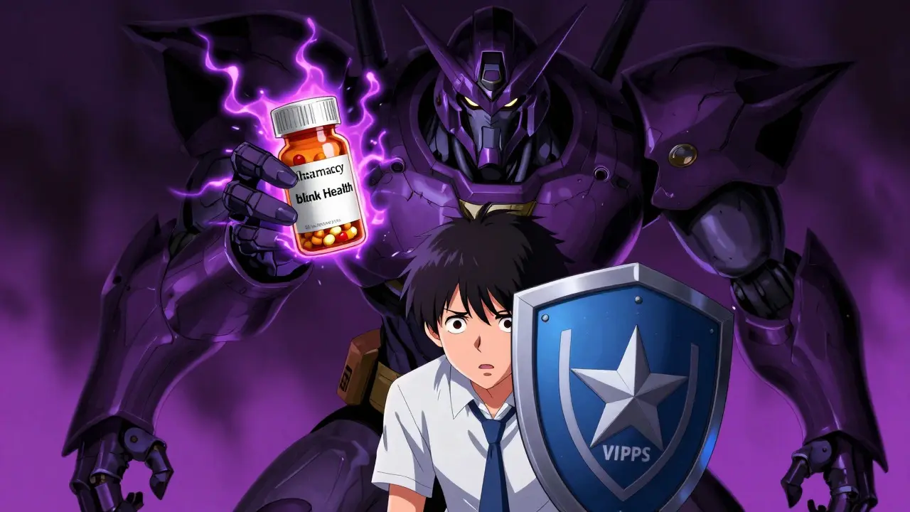Shadowy rogue robot threatening user with fake meds blocked by safety shield
